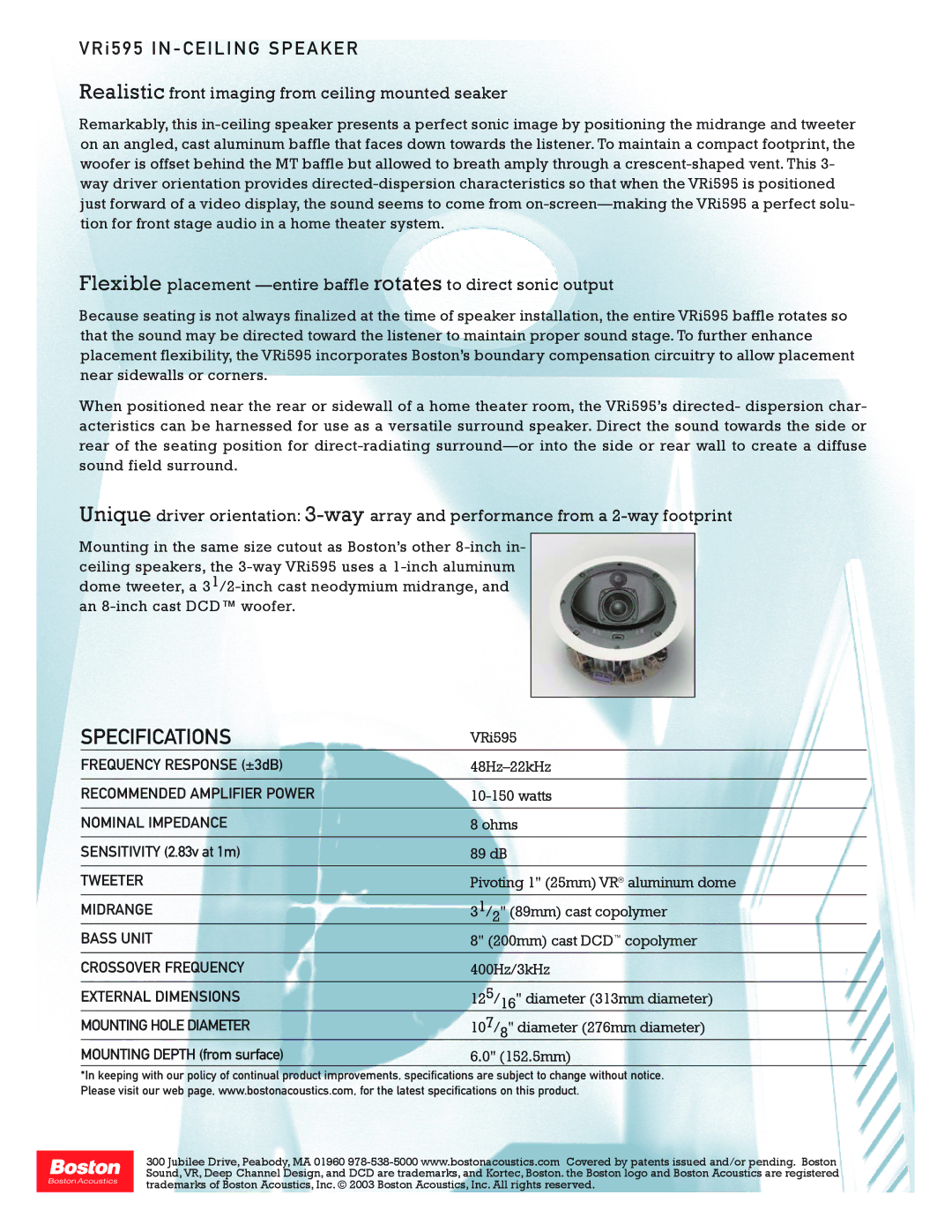 Boston Acoustics VRI595 manual Specifications, I 5 9 5 I N C E I L I N G S P E a K E R 