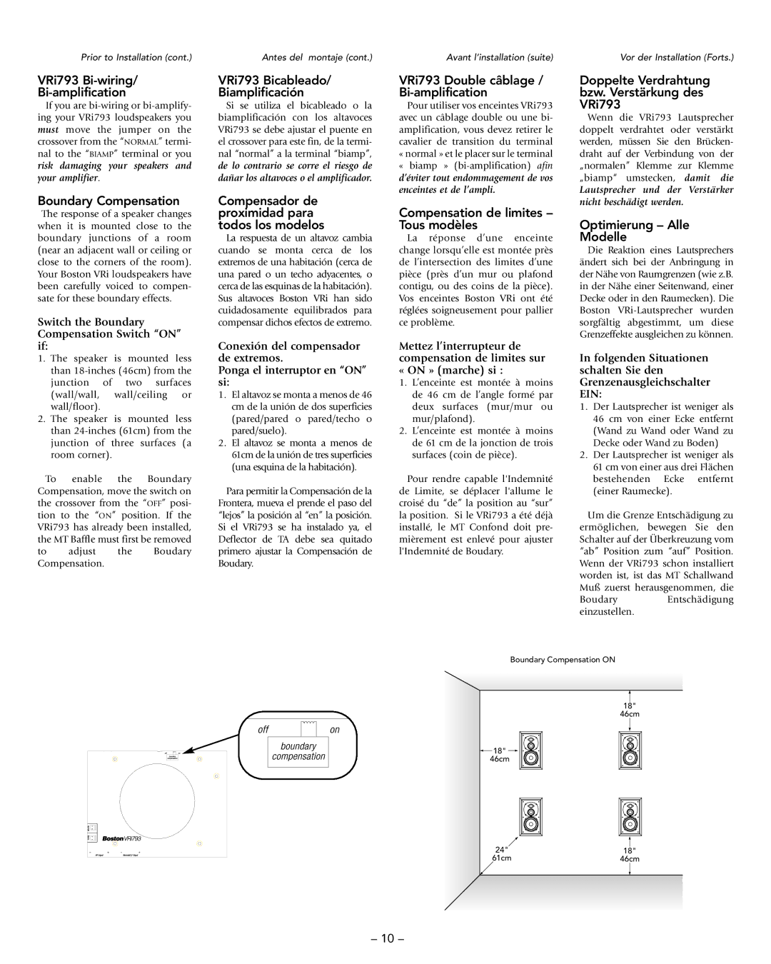 Boston Acoustics manual VRi793 Bi-wiring Bi-amplification, Boundary Compensation, VRi793 Bicableado Biamplificación 