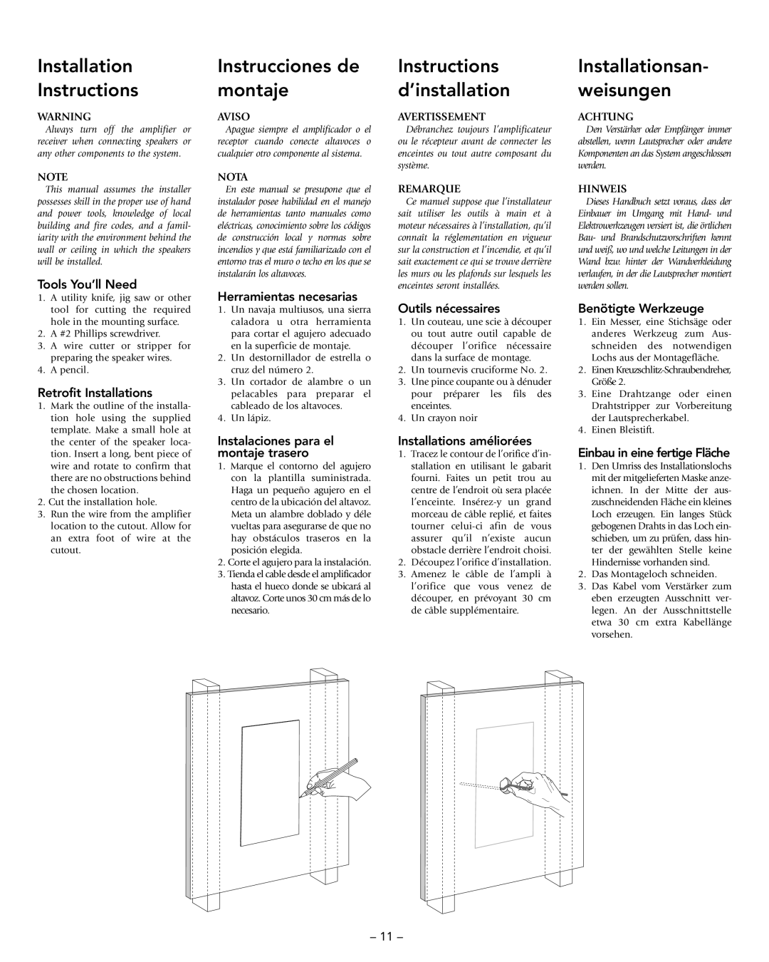 Boston Acoustics VRi793 manual Installation Instructions, Instrucciones de montaje, Instructions d’installation 