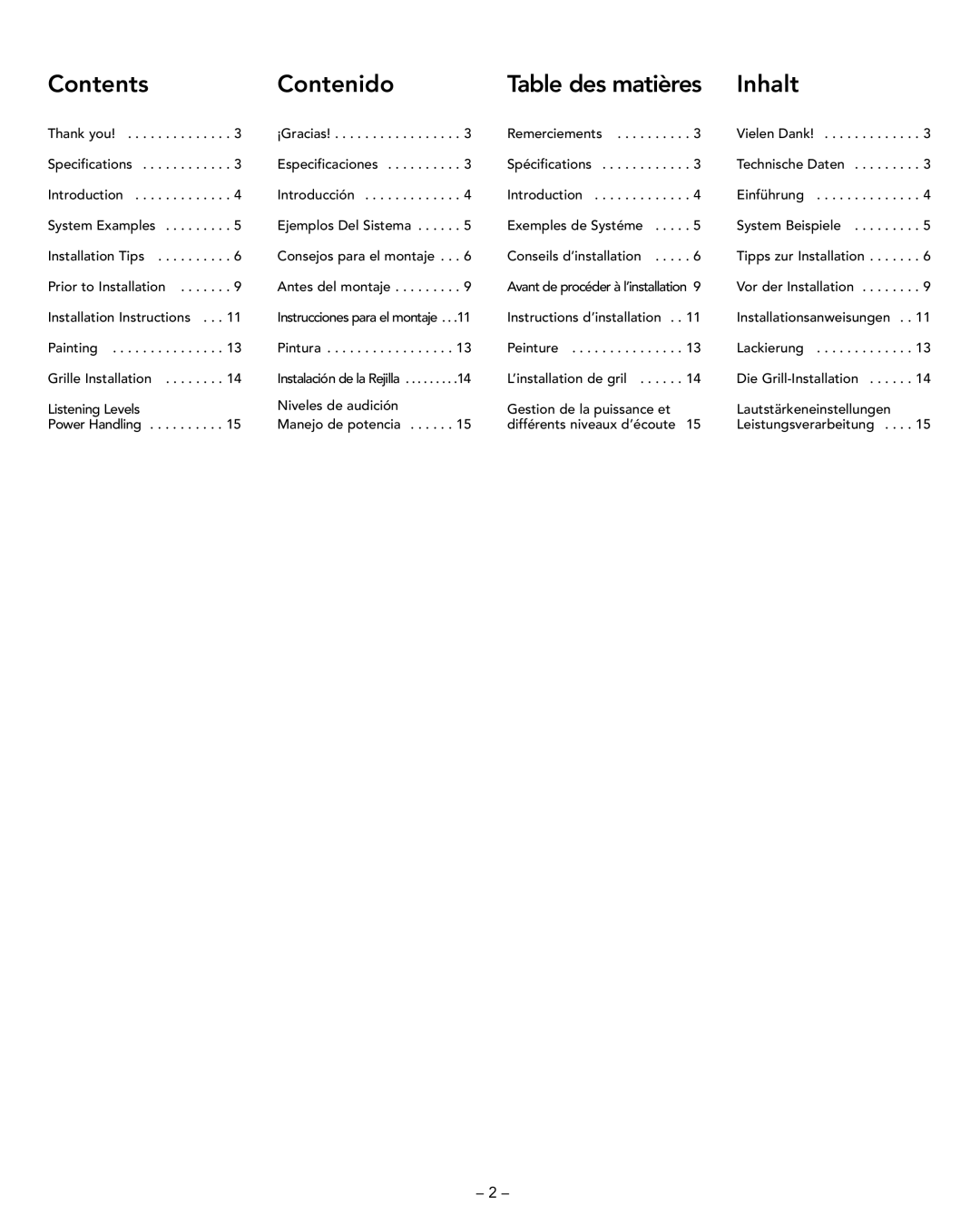 Boston Acoustics VRi793 manual Contents Contenido Table des matières Inhalt 