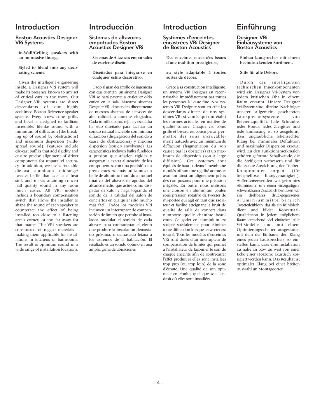 Boston Acoustics VRi793 manual Introduction, Introducción, Einführung, Boston Acoustics Designer VRi Systems 