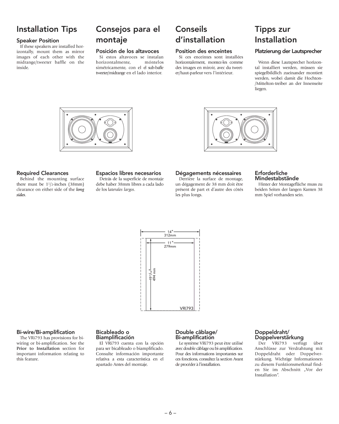 Boston Acoustics VRi793 manual Installation Tips Consejos para el Conseils, Montaje ’installation, Tipps zur Installation 