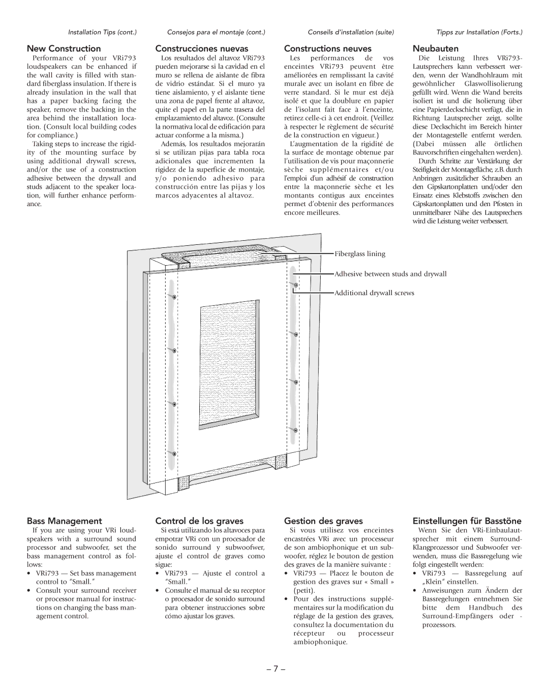 Boston Acoustics VRi793 manual New Construction, Construcciones nuevas, Constructions neuves, Neubauten, Bass Management 