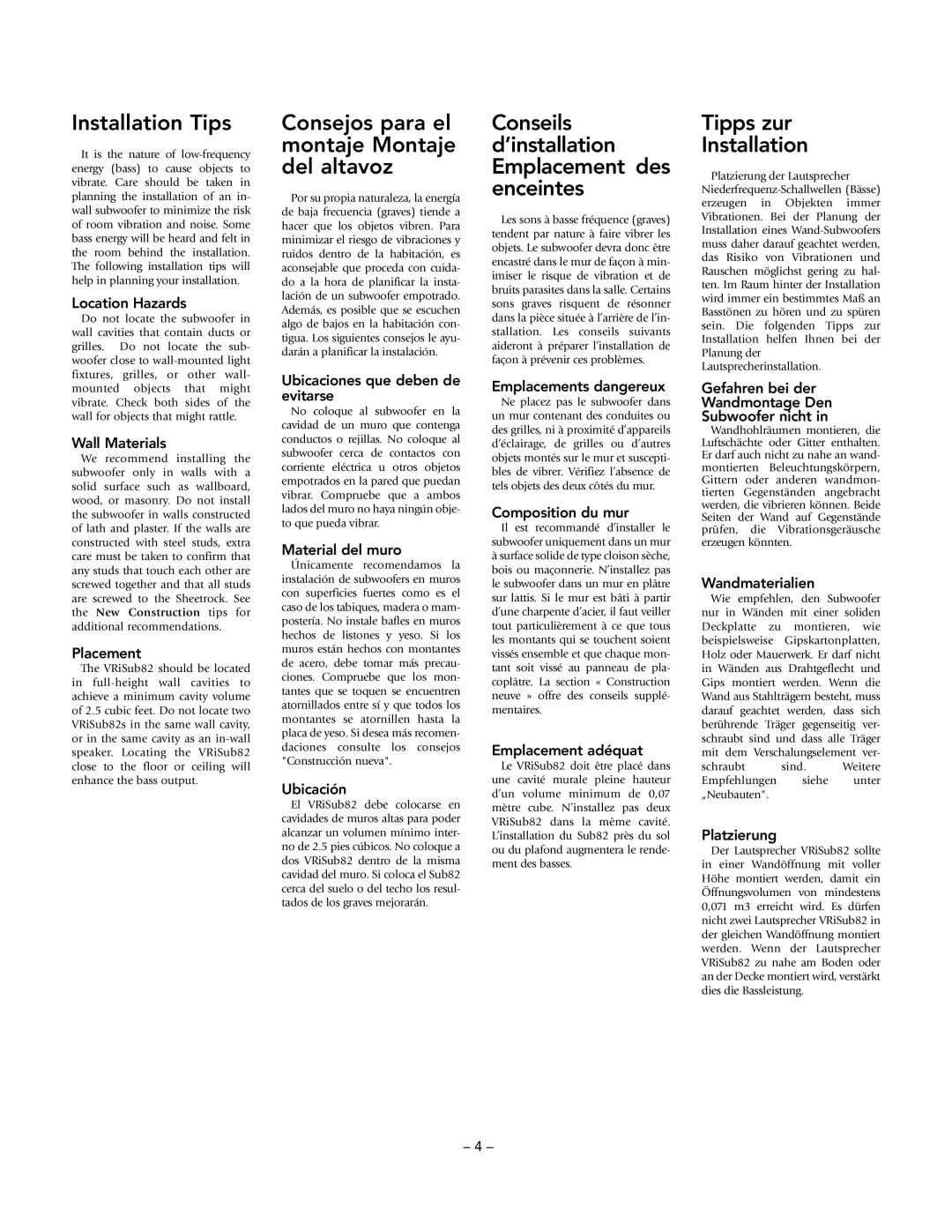 Boston Acoustics VRiSub82 manual Installation Tips, Consejos para el montaje Montaje del altavoz, Tipps zur Installation 