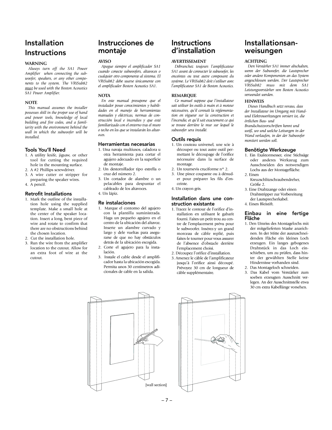 Boston Acoustics VRiSub82 manual Installation Instructions, Instrucciones de montaje, Instructions d’installation 