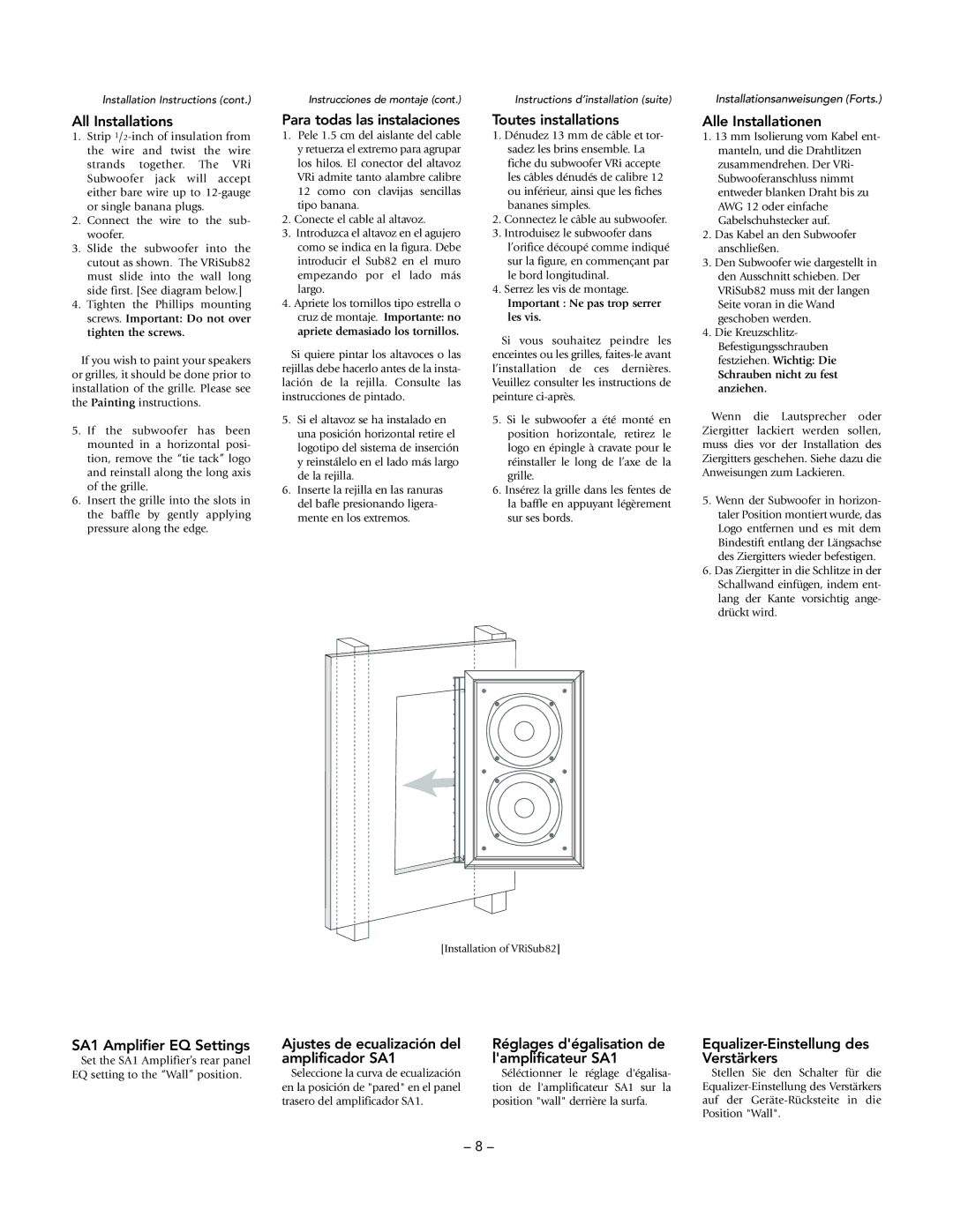 Boston Acoustics VRiSub82 manual All Installations, Para todas las instalaciones, Toutes installations, Alle Installationen 