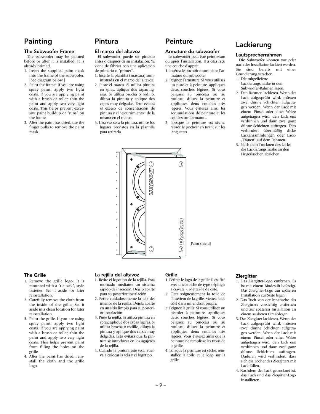 Boston Acoustics VRiSub82 manual Painting, Pintura, Peinture, Lackierung 