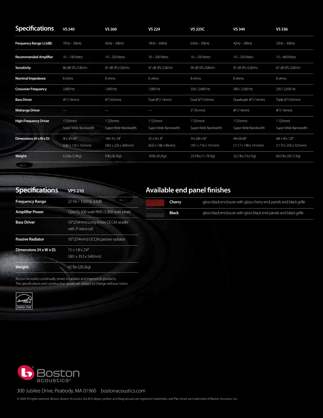 Boston Acoustics VS 260, VS 344, VS 336, VS 224, VS 325C, VS 240 manual Specifications 