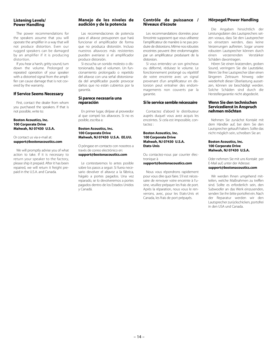 Boston Acoustics HSi N8430 Listening Levels Power Handling, If Service Seems Necessary, Si parece necesaria una reparación 