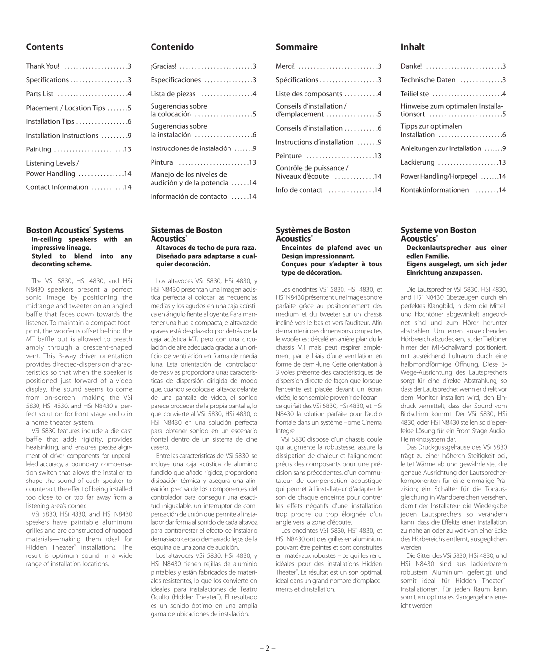 Boston Acoustics HSi N8430 Contents, Contenido, Sommaire, Inhalt, Boston Acoustics Systems, Sistemas de Boston Acoustics 