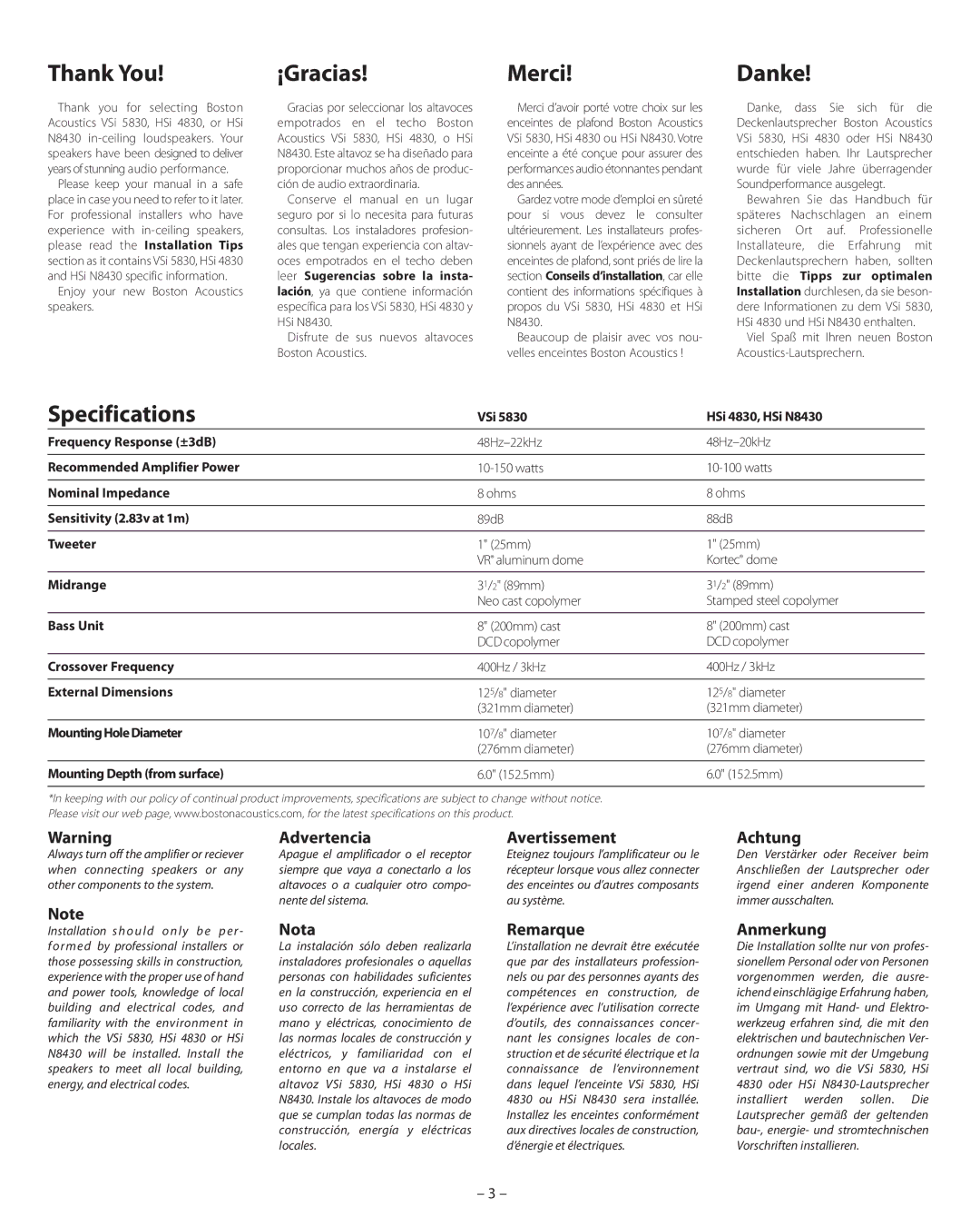 Boston Acoustics VSi 5830, HSi 4830, HSi N8430 manual Thank You, ¡Gracias, Merci, Danke, Specifications 