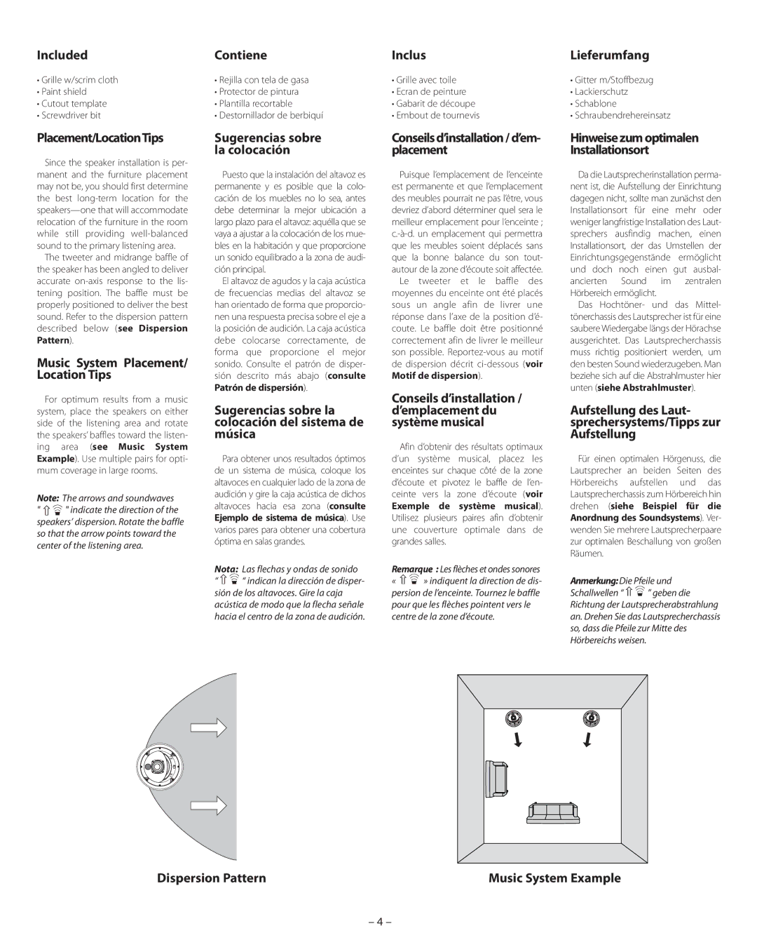 Boston Acoustics HSi 4830 Included, Placement/LocationTips, Contiene, Inclus, Conseils d’installation / d’em- placement 