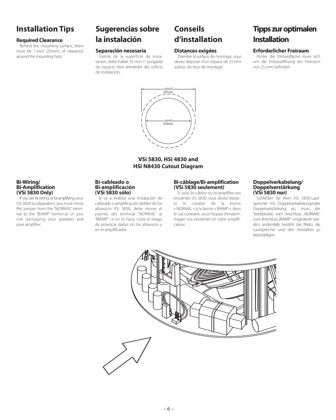 Boston Acoustics VSi 5830 manual Installation Tips, Conseils, La instalación ’installation Installation, Required Clearance 