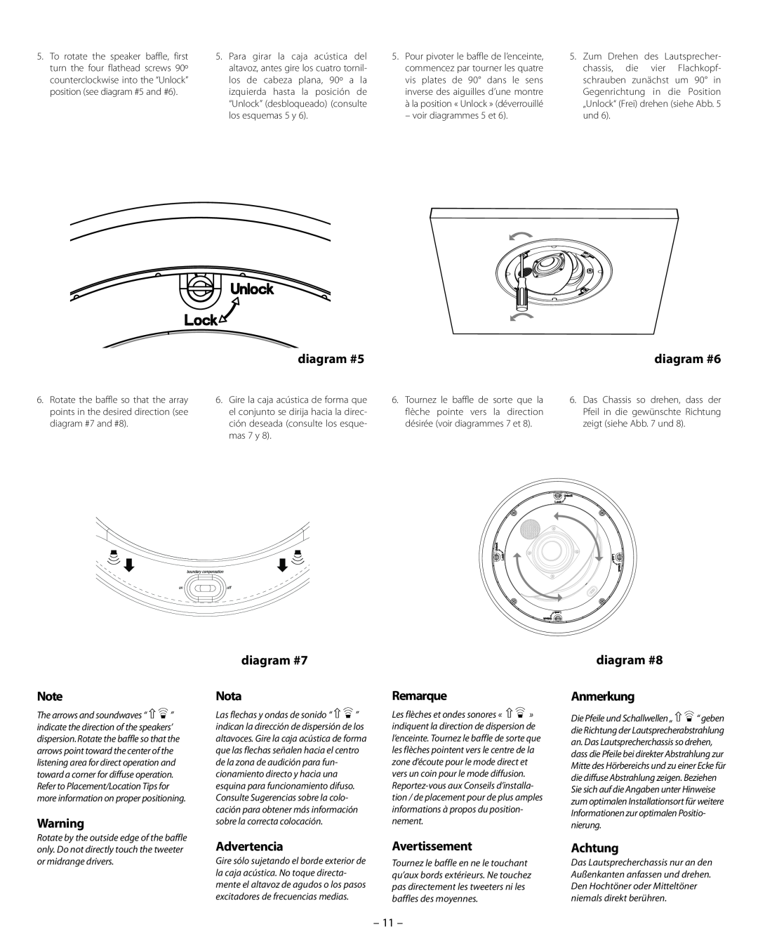 Boston Acoustics HSi N8430 manual diagram #5, diagram #7 Nota, diagram #8 Anmerkung, Advertencia, Remarque, Avertissement 