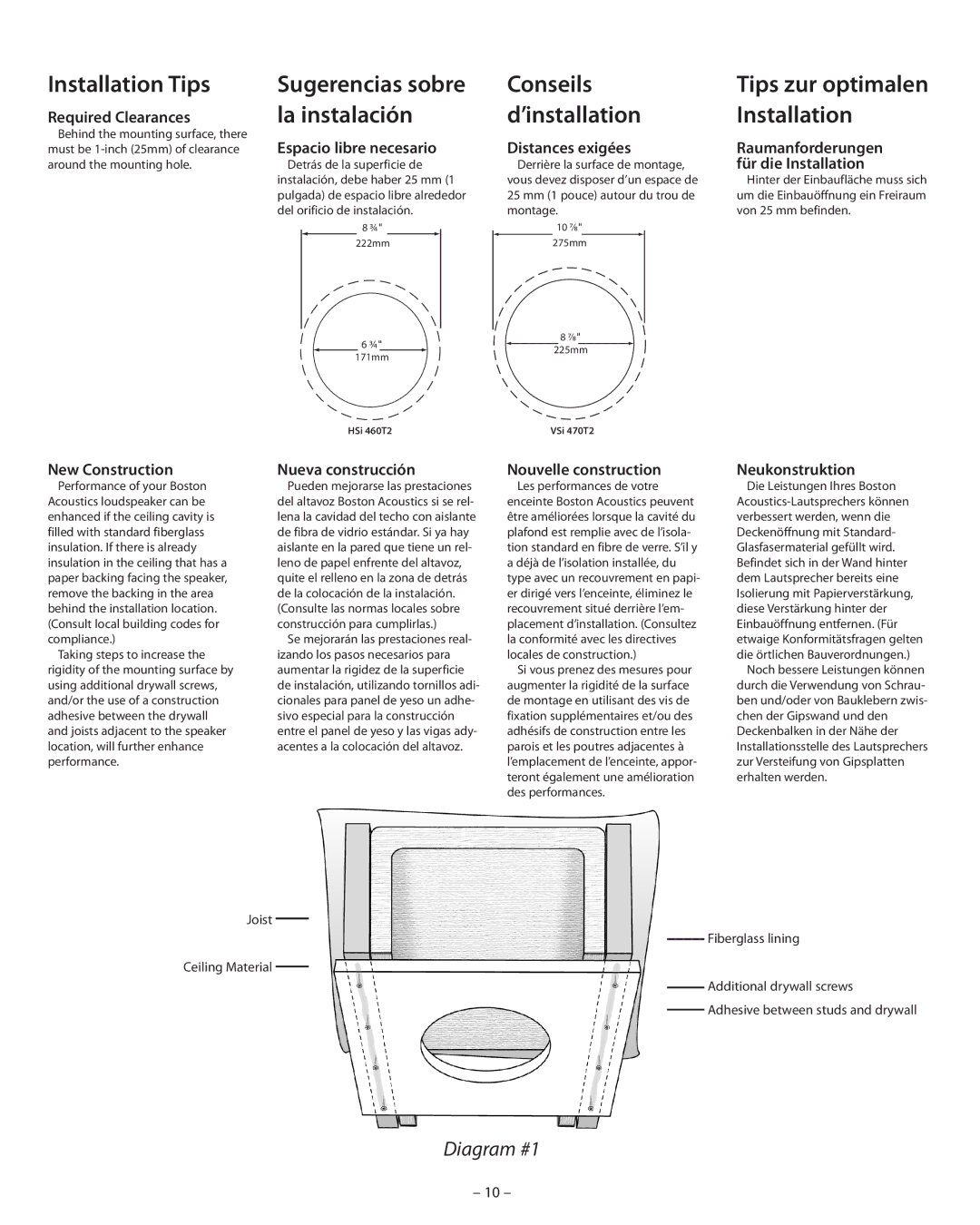 Boston Acoustics VSi H470T2, HSi H460T2 manual Installation Tips, Diagram #1 