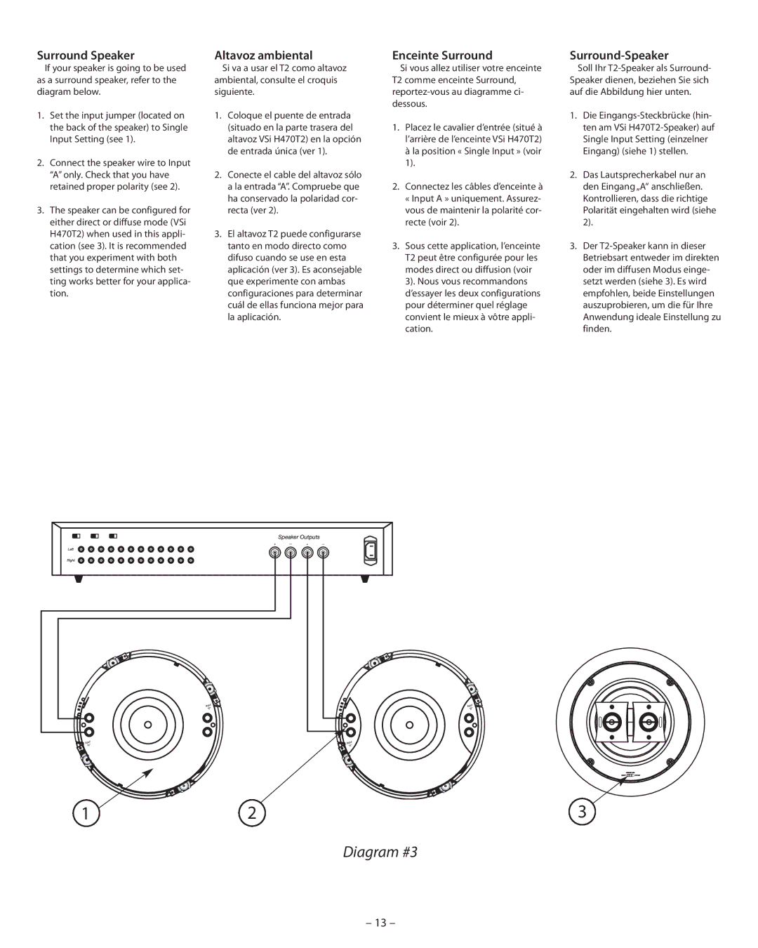 Boston Acoustics HSi H460T2 manual Diagram #3, Surround Speaker, Altavoz ambiental, Enceinte Surround, Surround-Speaker 