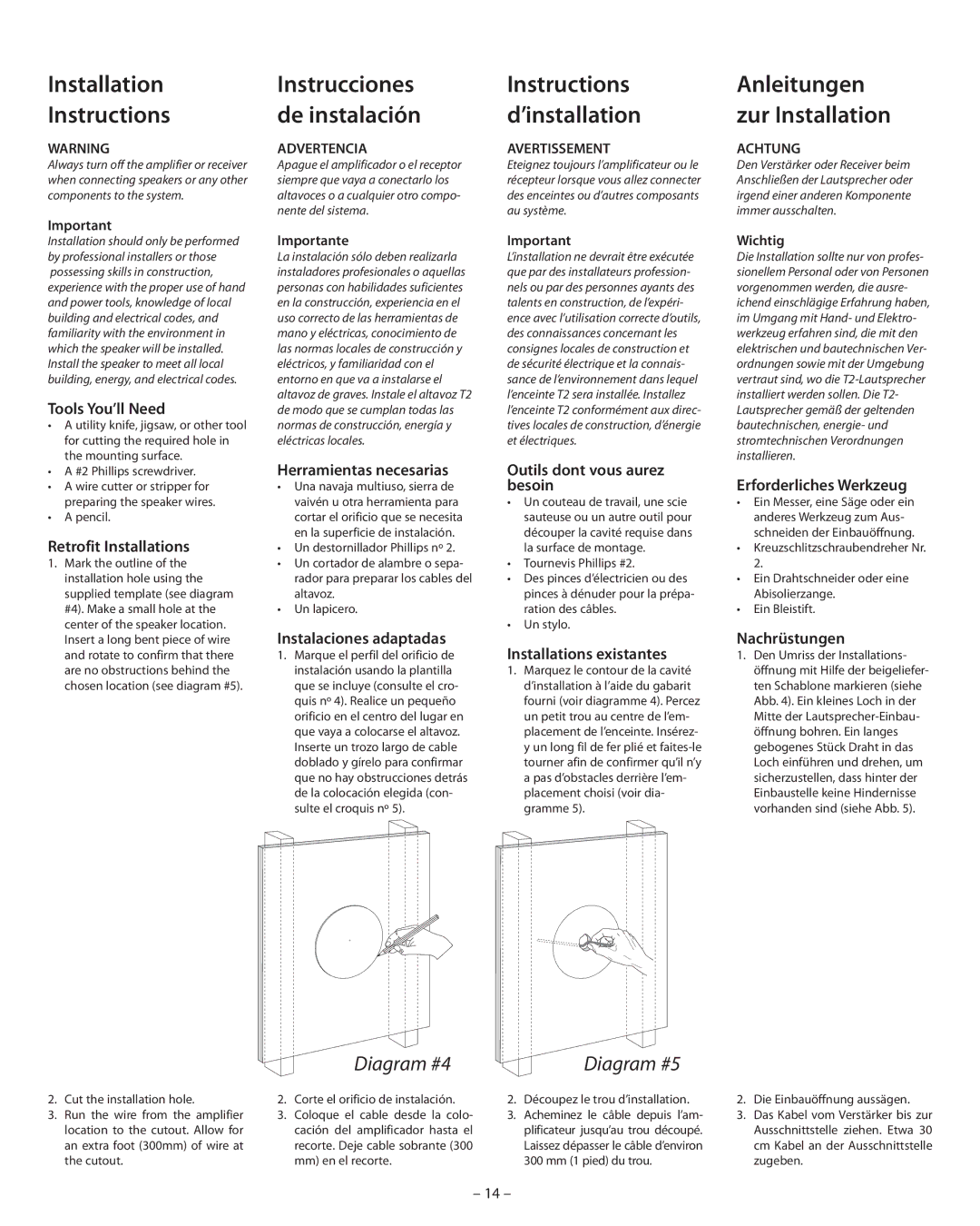 Boston Acoustics VSi H470T2, HSi H460T2 manual Installation Instructions, Diagram #4, Diagram #5 