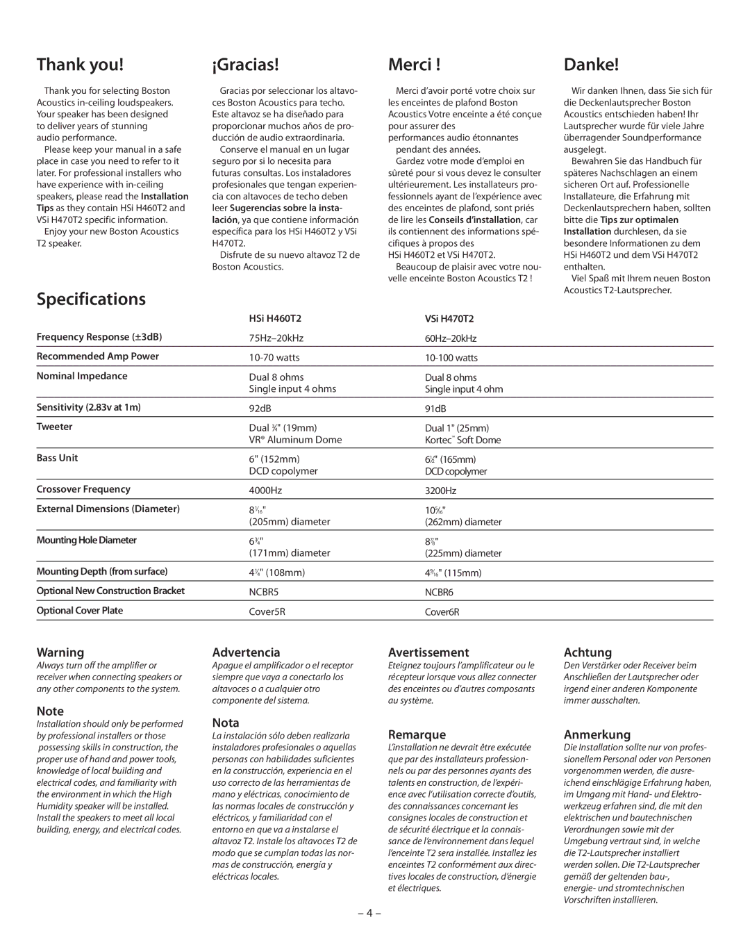 Boston Acoustics VSi H470T2, HSi H460T2 manual Thank you ¡Gracias Merci, Specifications 