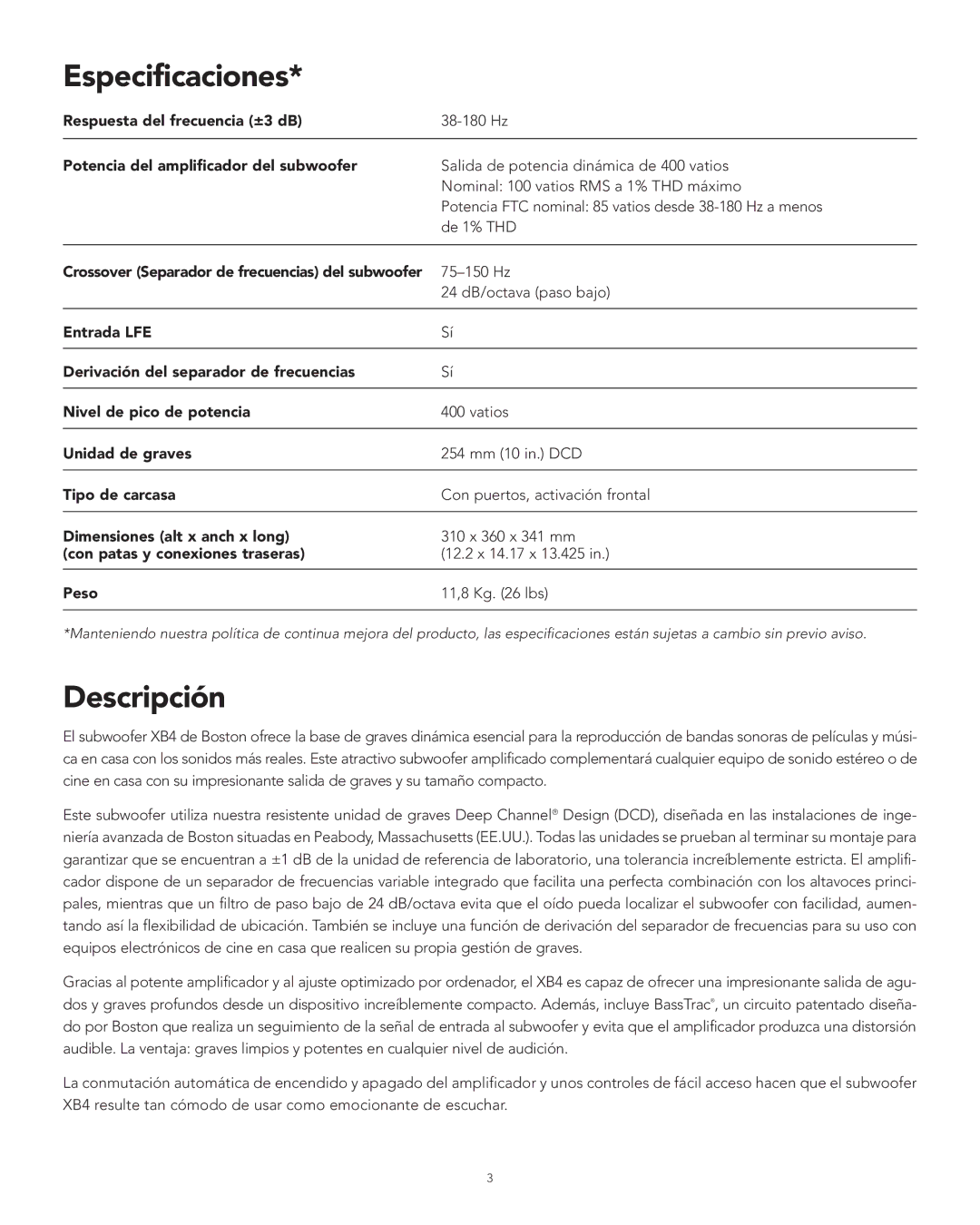 Boston Acoustics XB4 manual Especificaciones, Descripción 