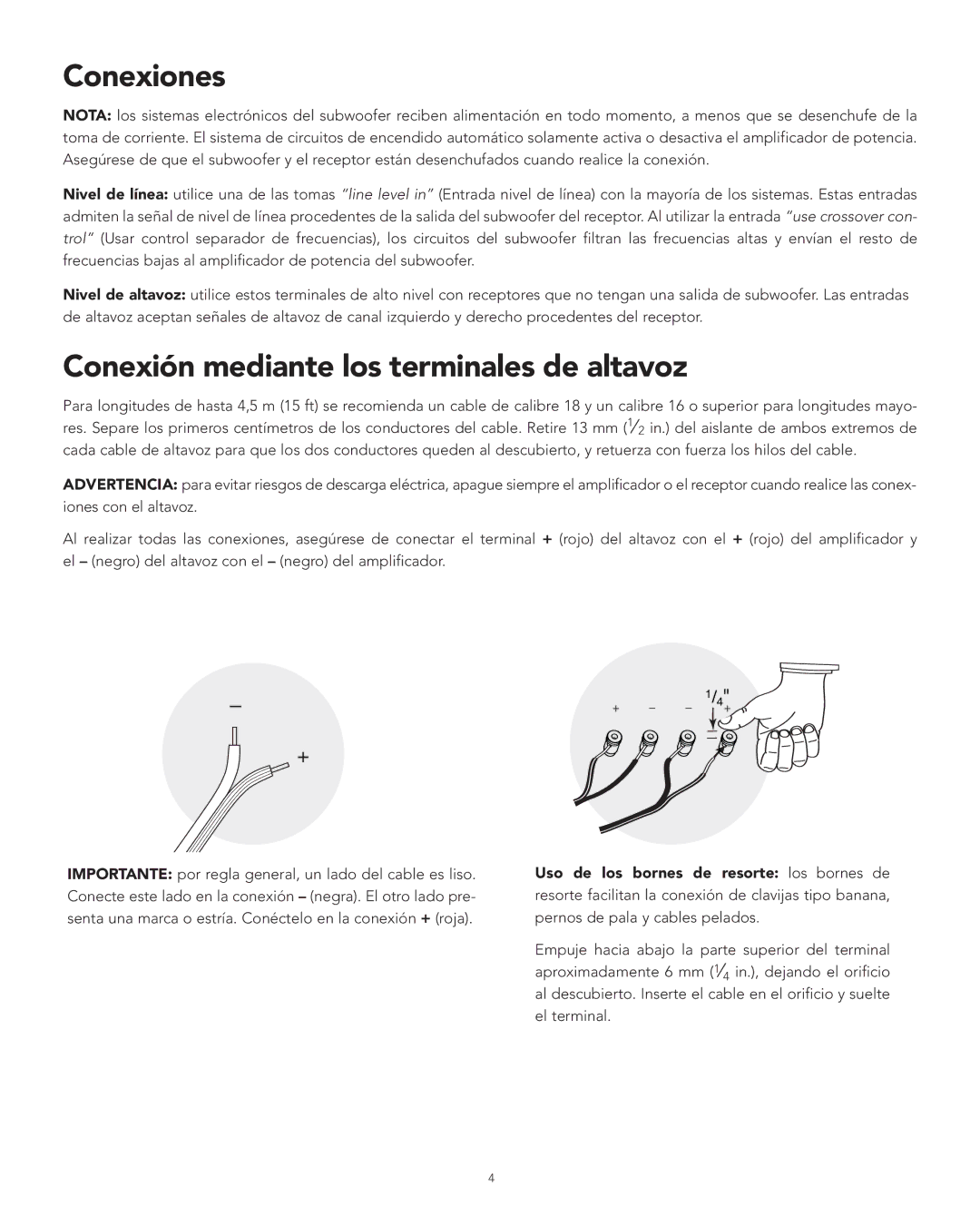 Boston Acoustics XB4 manual Conexiones, Conexión mediante los terminales de altavoz 