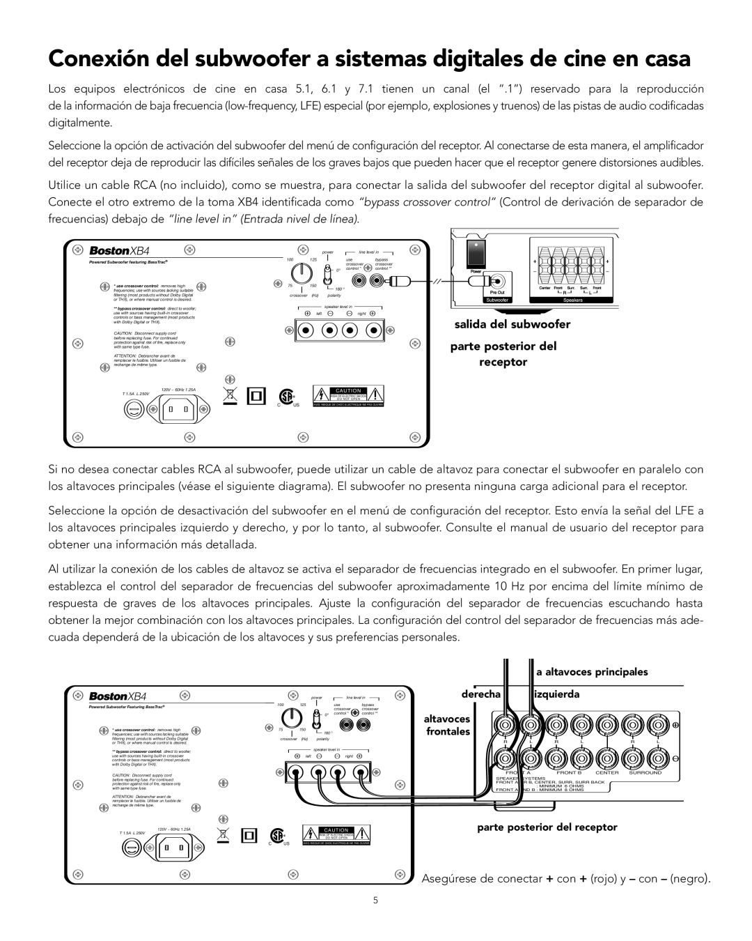 Boston Acoustics XB4 manual Conexión del subwoofer a sistemas digitales de cine en casa 