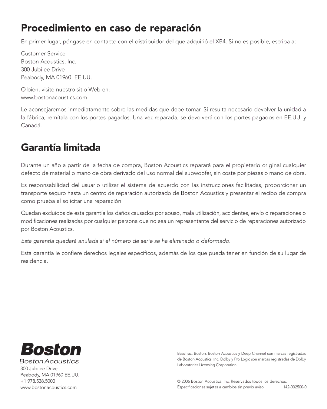 Boston Acoustics XB4 manual Procedimiento en caso de reparación, Garantía limitada 