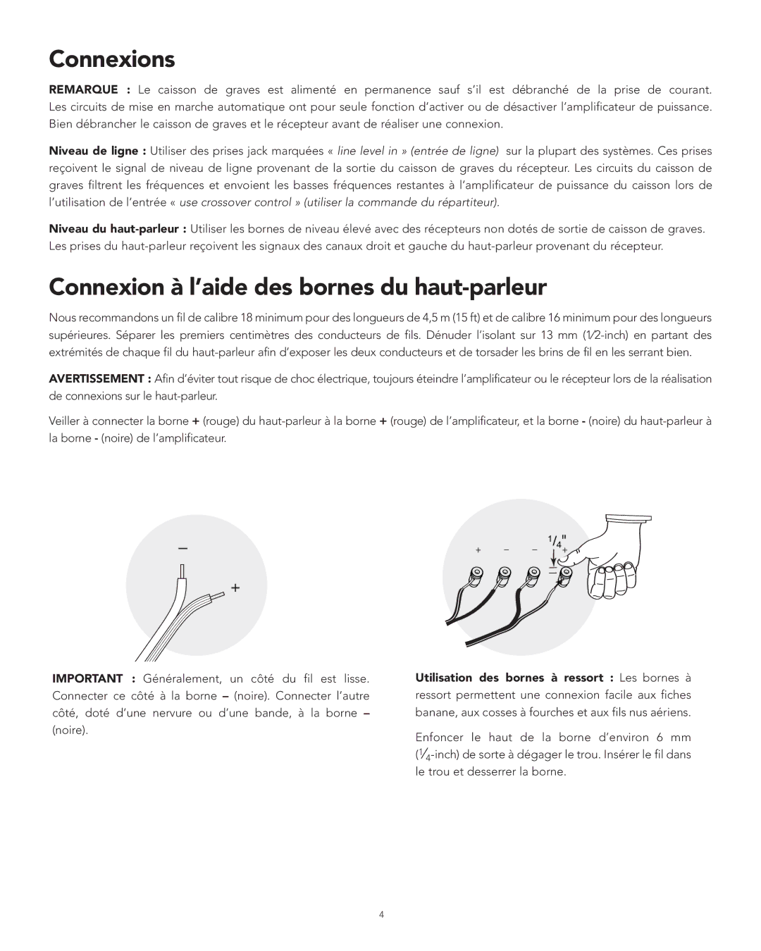 Boston Acoustics XB4 manual Connexions, Connexion à l’aide des bornes du haut-parleur 