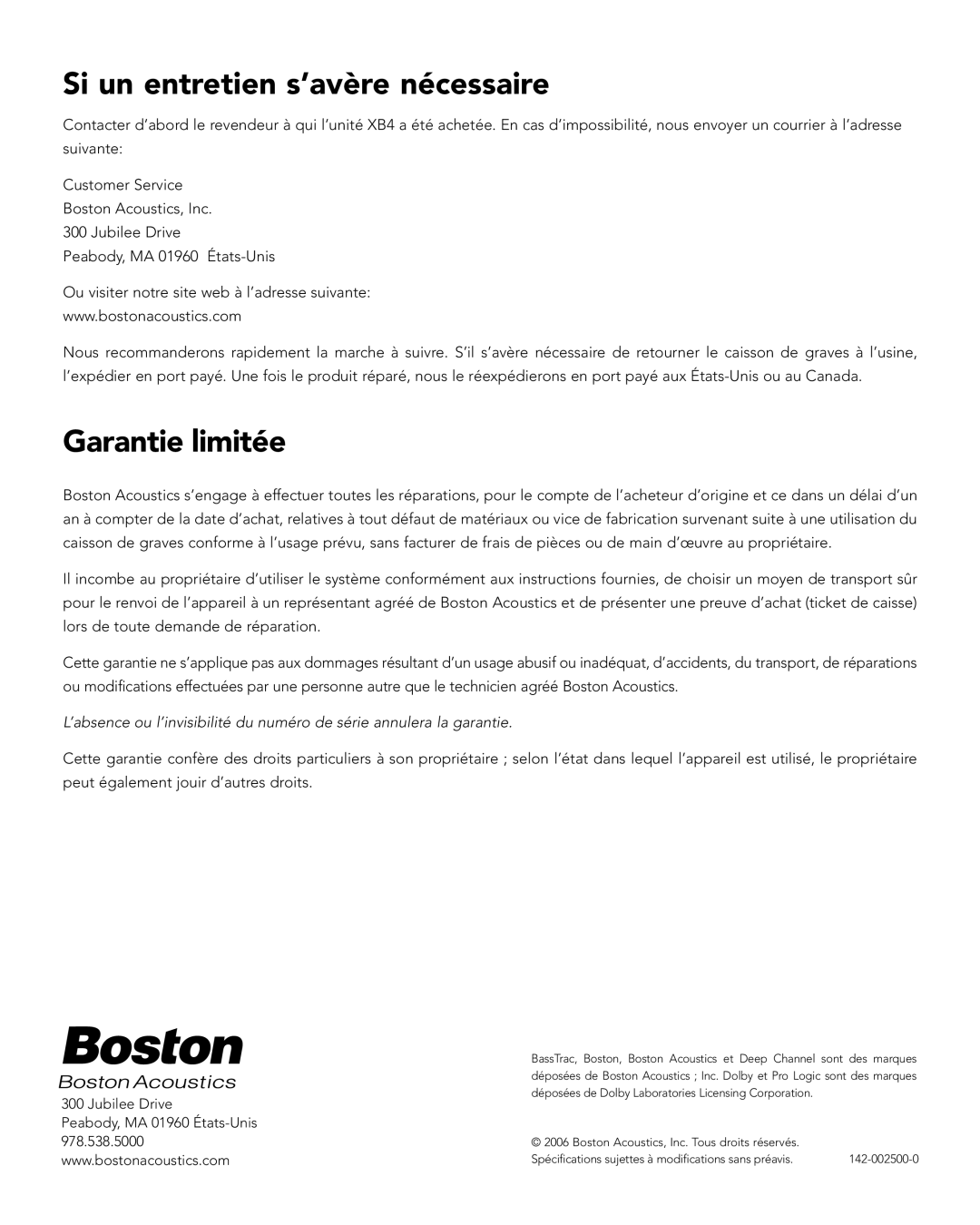 Boston Acoustics XB4 manual Si un entretien s’avère nécessaire, Garantie limitée 