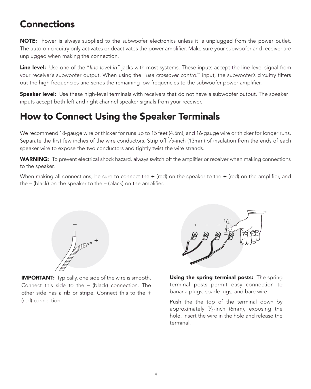 Boston Acoustics XB4 manual Connections, How to Connect Using the Speaker Terminals 