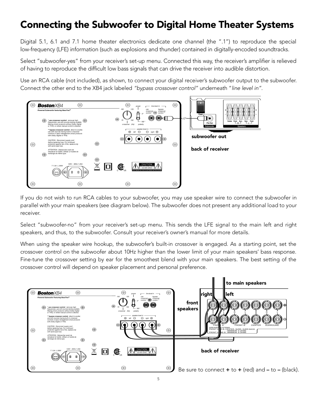 Boston Acoustics XB4 manual Connecting the Subwoofer to Digital Home Theater Systems, Subwoofer out Back of receiver 