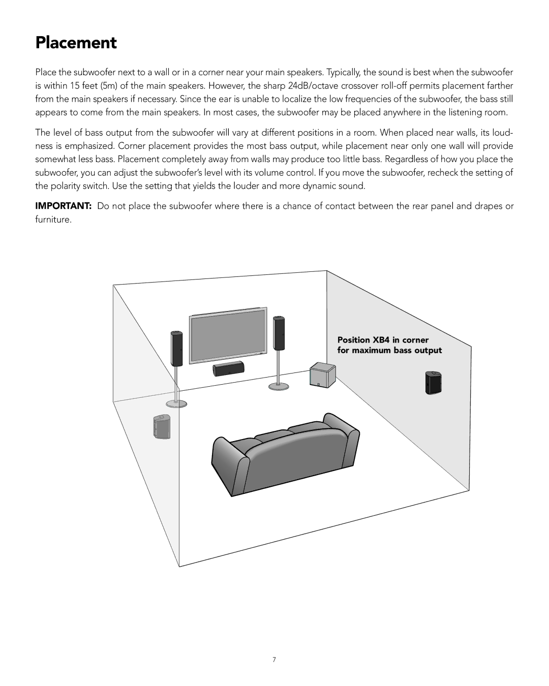 Boston Acoustics manual Placement, Position XB4 in corner for maximum bass output 