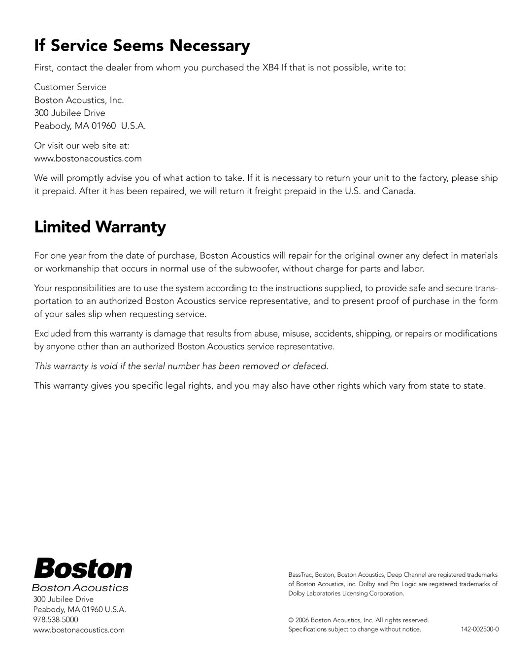 Boston Acoustics XB4 manual If Service Seems Necessary, Limited Warranty 