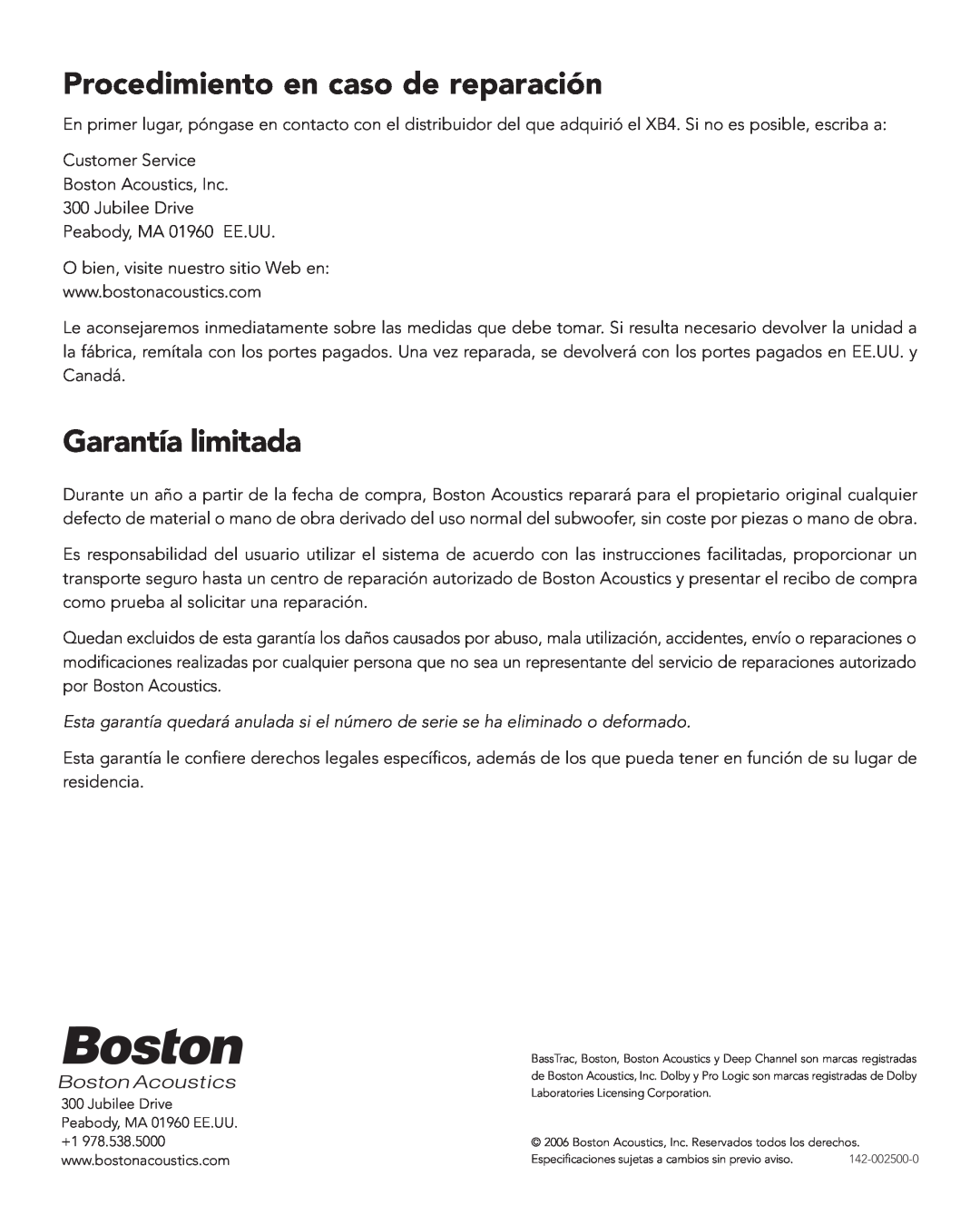 Boston Acoustics XB4 manual Procedimiento en caso de reparación, Garantía limitada 