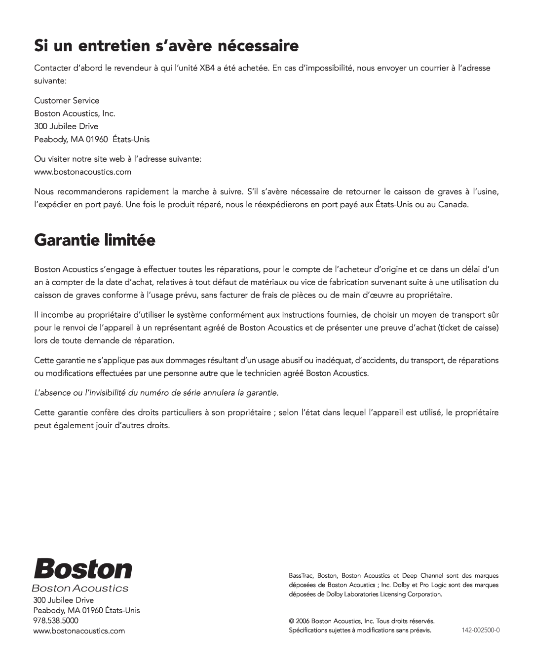 Boston Acoustics XB4 manual Si un entretien s’avère nécessaire, Garantie limitée 