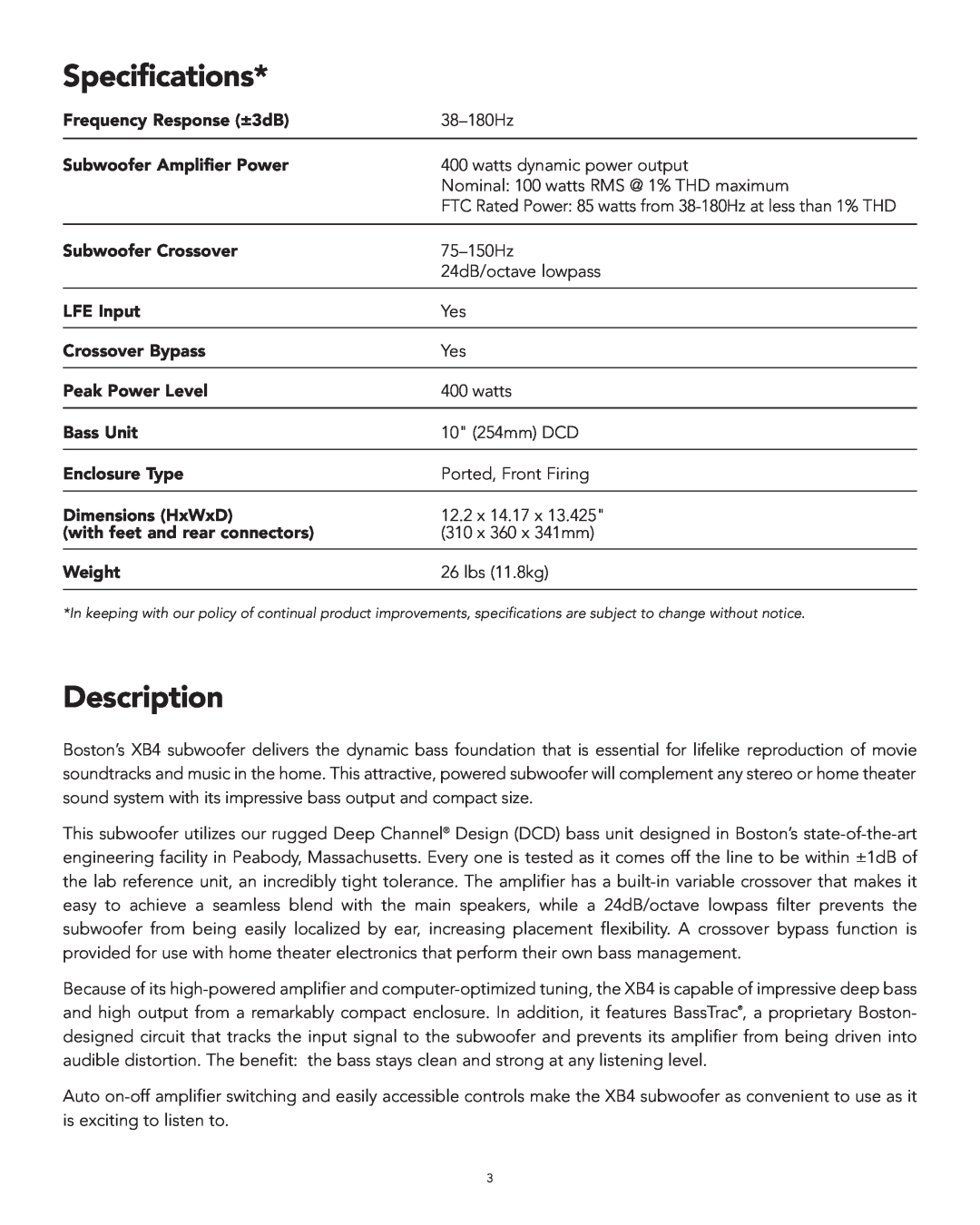 Boston Acoustics XB4 manual Specifications, Description 
