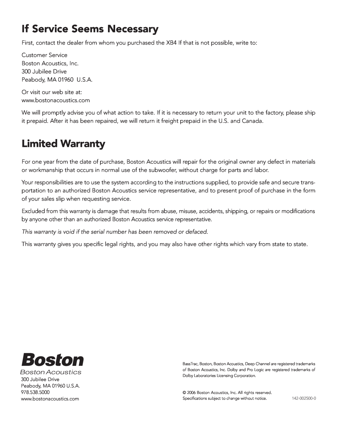 Boston Acoustics XB4 manual If Service Seems Necessary, Limited Warranty 