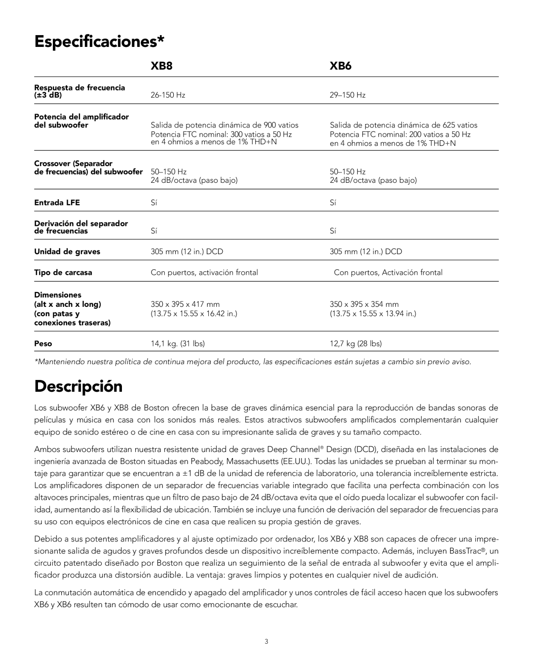 Boston Acoustics XB6 manual Especificaciones, Descripción 