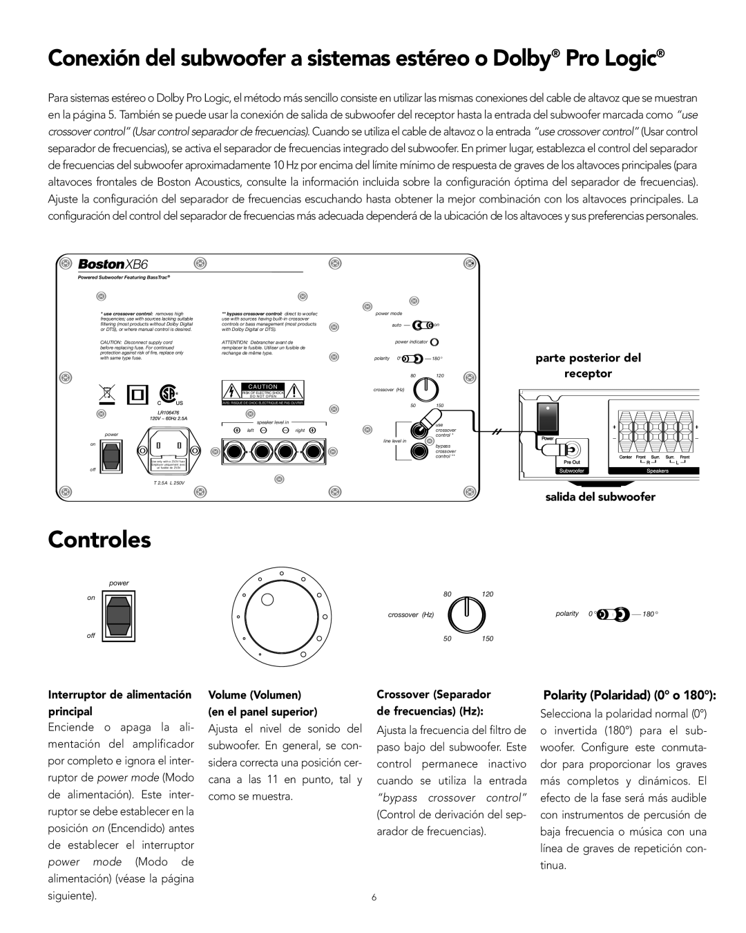 Boston Acoustics XB6 manual Controles, Interruptor de alimentación principal 