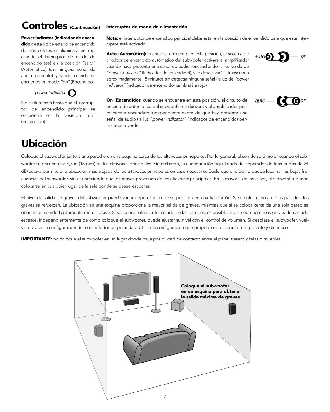 Boston Acoustics XB6 manual Ubicación, Controles Continuación Interruptor de modo de alimentación, Coloque el subwoofer 