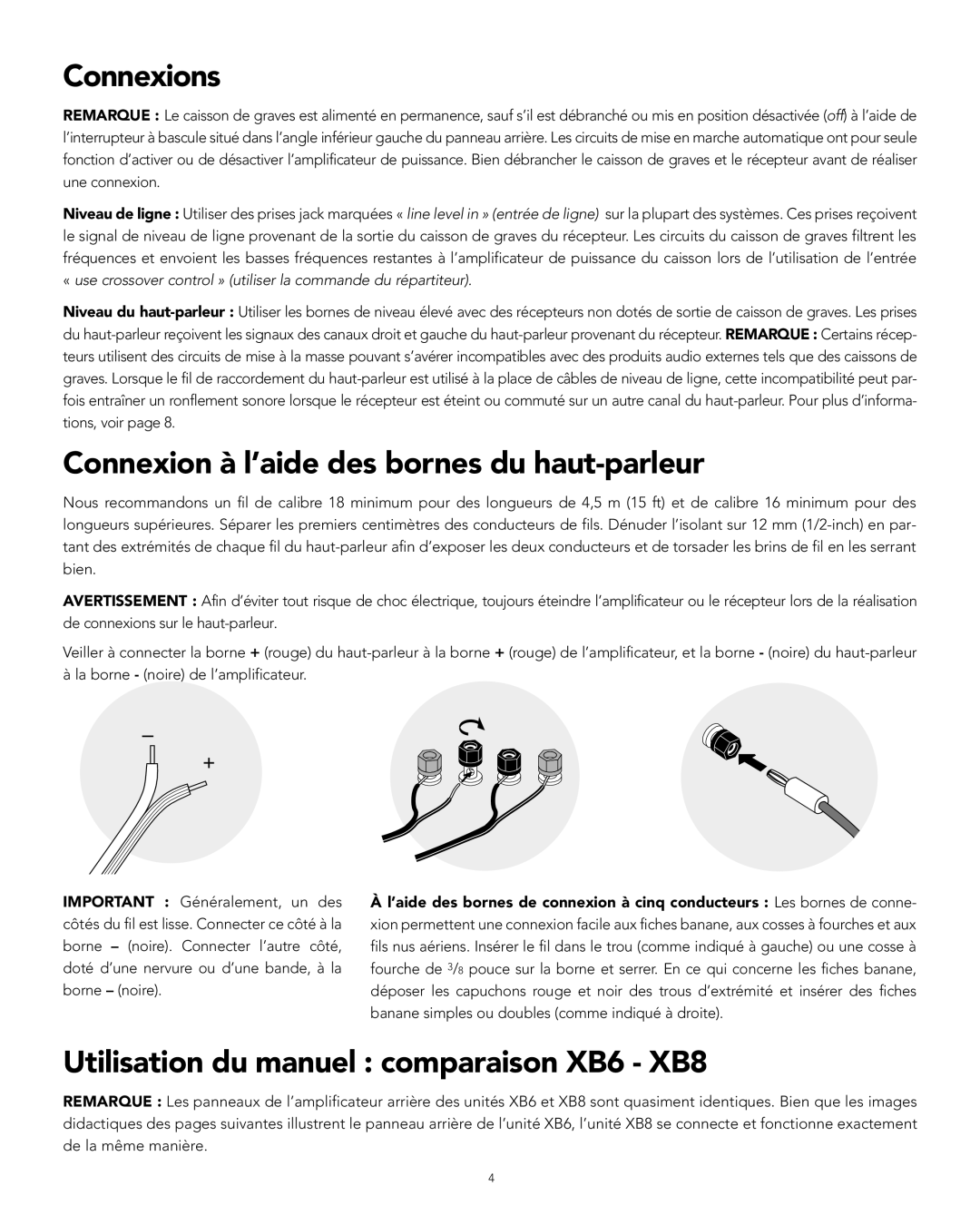 Boston Acoustics Connexions, Connexion à l’aide des bornes du haut-parleur, Utilisation du manuel comparaison XB6 XB8 