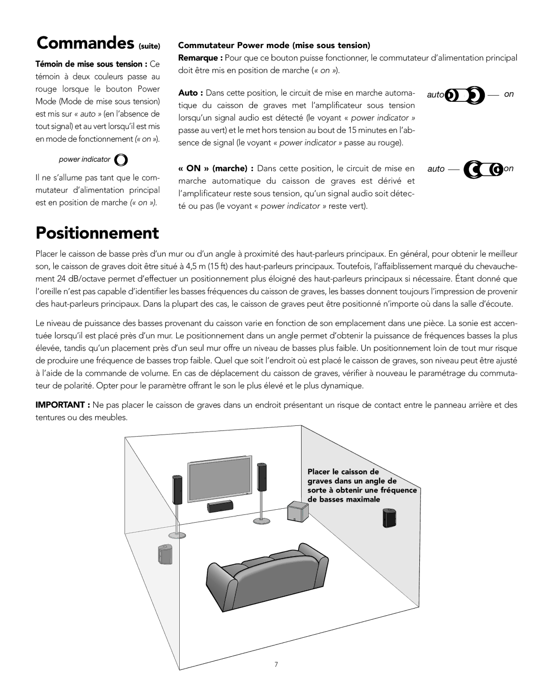 Boston Acoustics XB6 manual Commandes suite, Positionnement, Commutateur Power mode mise sous tension 