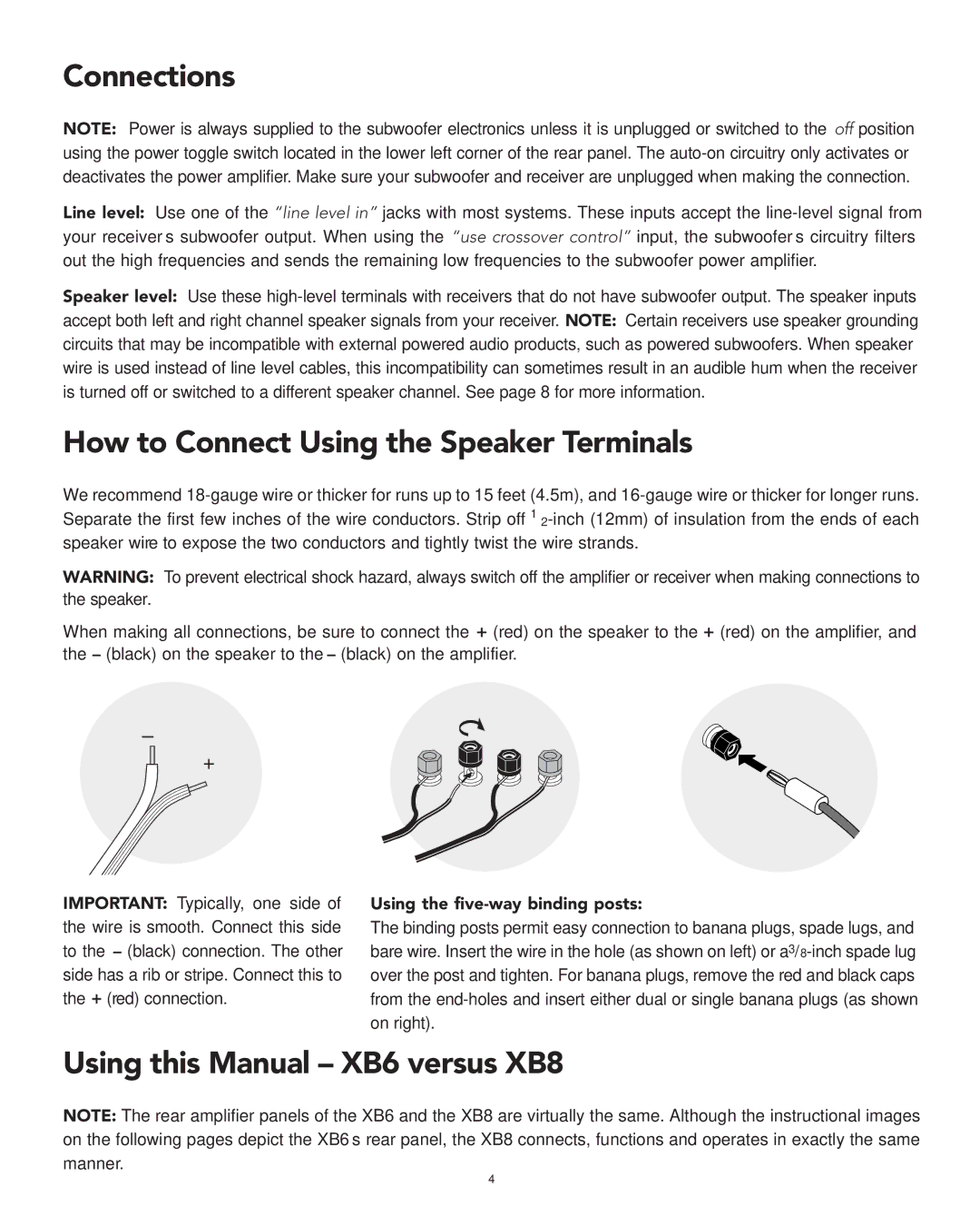 Boston Acoustics manual Connections, How to Connect Using the Speaker Terminals, Using this Manual XB6 versus XB8 