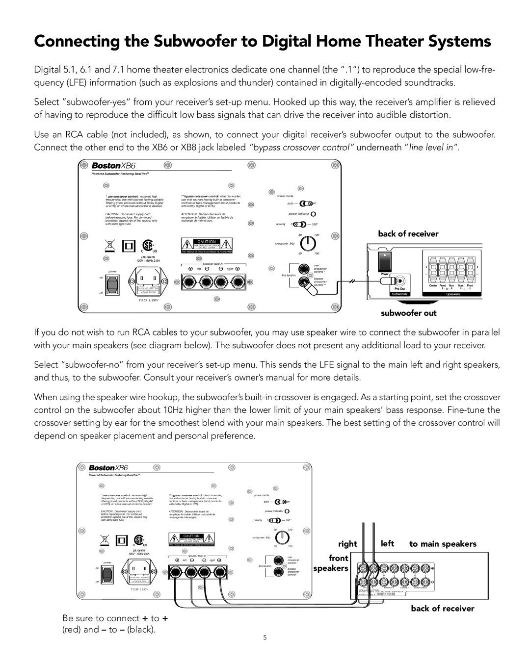 Boston Acoustics XB6 Connecting the Subwoofer to Digital Home Theater Systems, Back of receiver Subwoofer out, Right Left 
