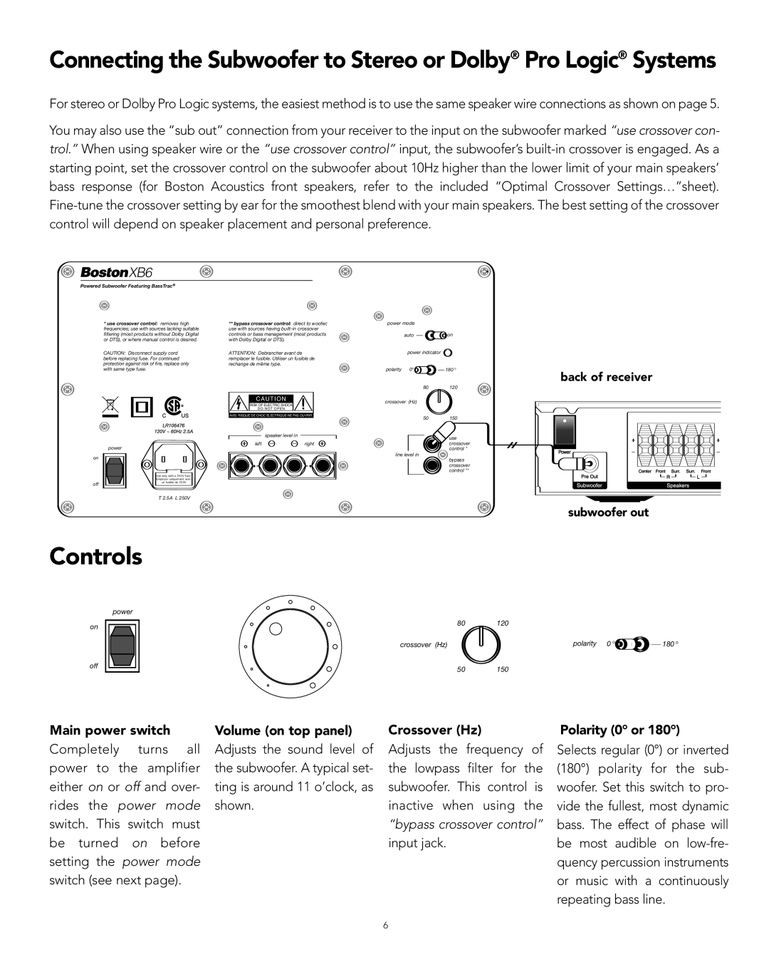 Boston Acoustics XB6 manual Controls 