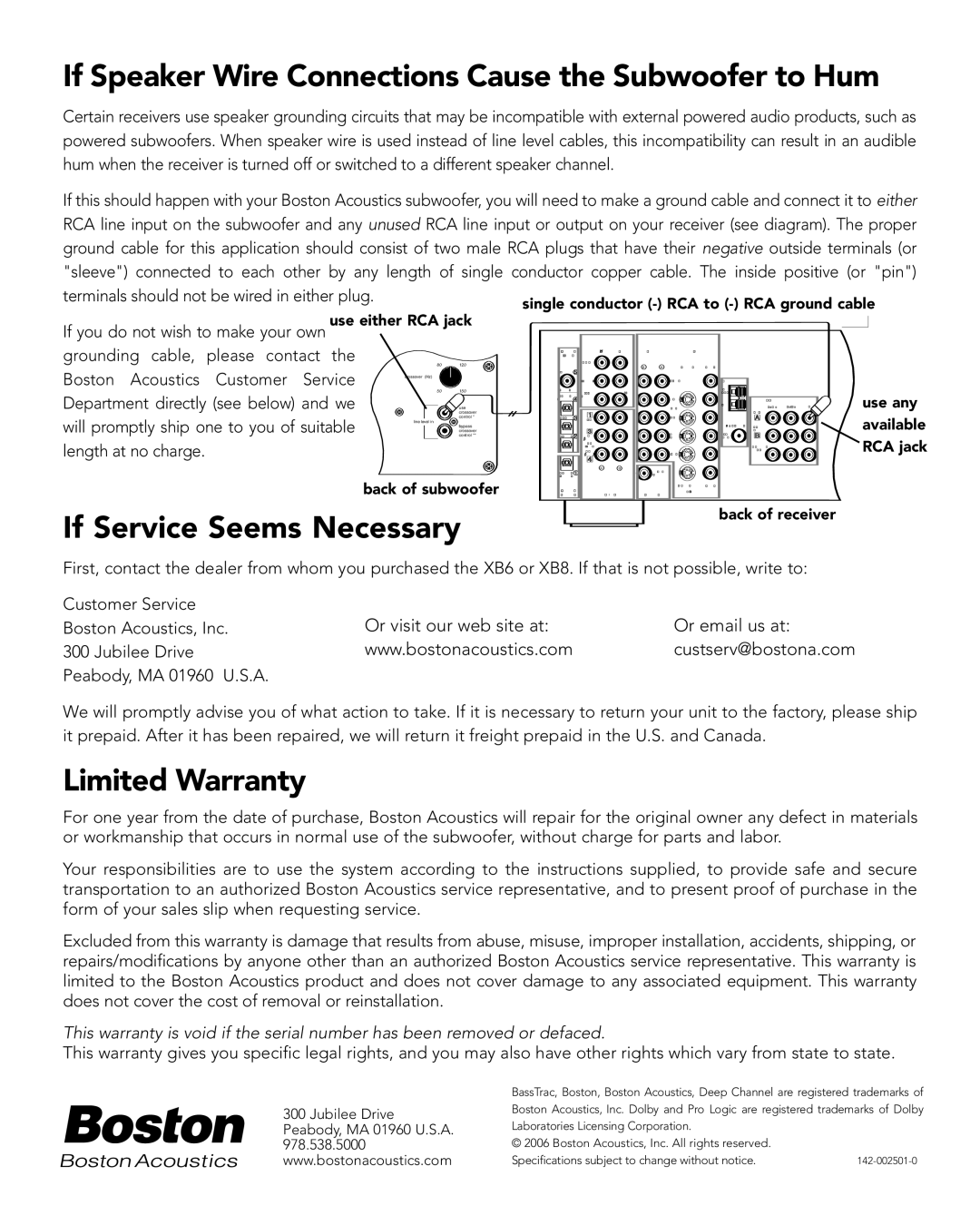 Boston Acoustics XB6 If Speaker Wire Connections Cause the Subwoofer to Hum, If Service Seems Necessary, Limited Warranty 