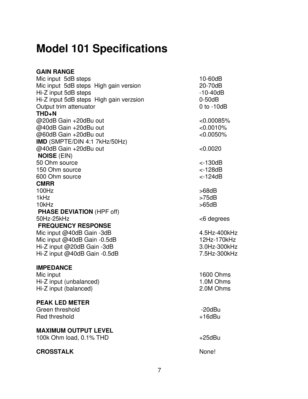 Boulder Amplifiers owner manual Model 101 Specifications 