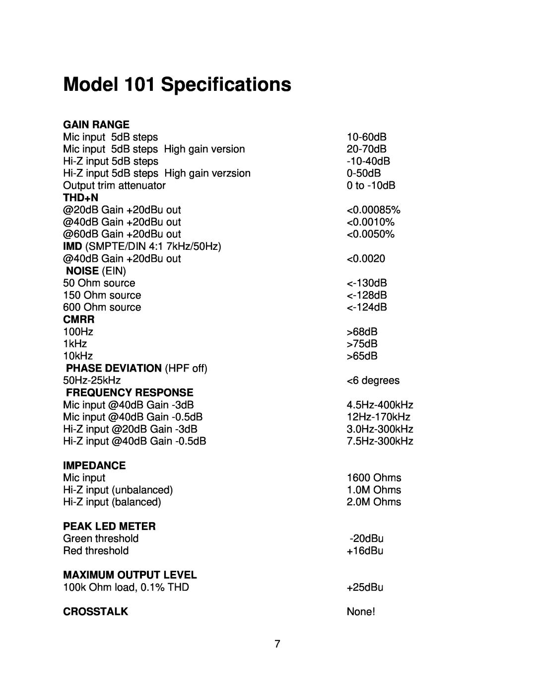 Boulder Amplifiers Model 101 Specifications, Gain Range, Thd+N, CMRR 100Hz 1kHz 10kHz, Frequency Response, Impedance 