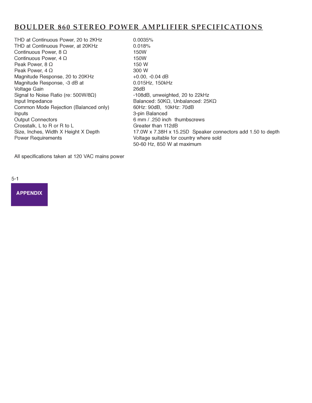 Boulder Amplifiers manual Boulder 860 Stereo Power Amplifier Specifications 