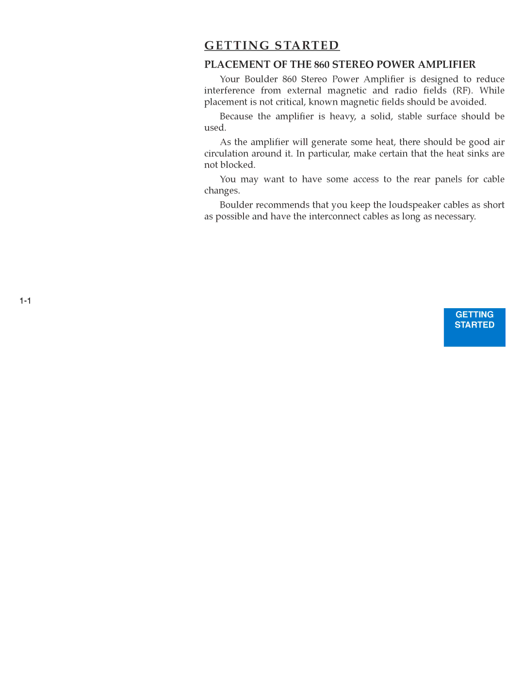 Boulder Amplifiers manual Getting Started, Placement of the 860 Stereo Power Amplifier 