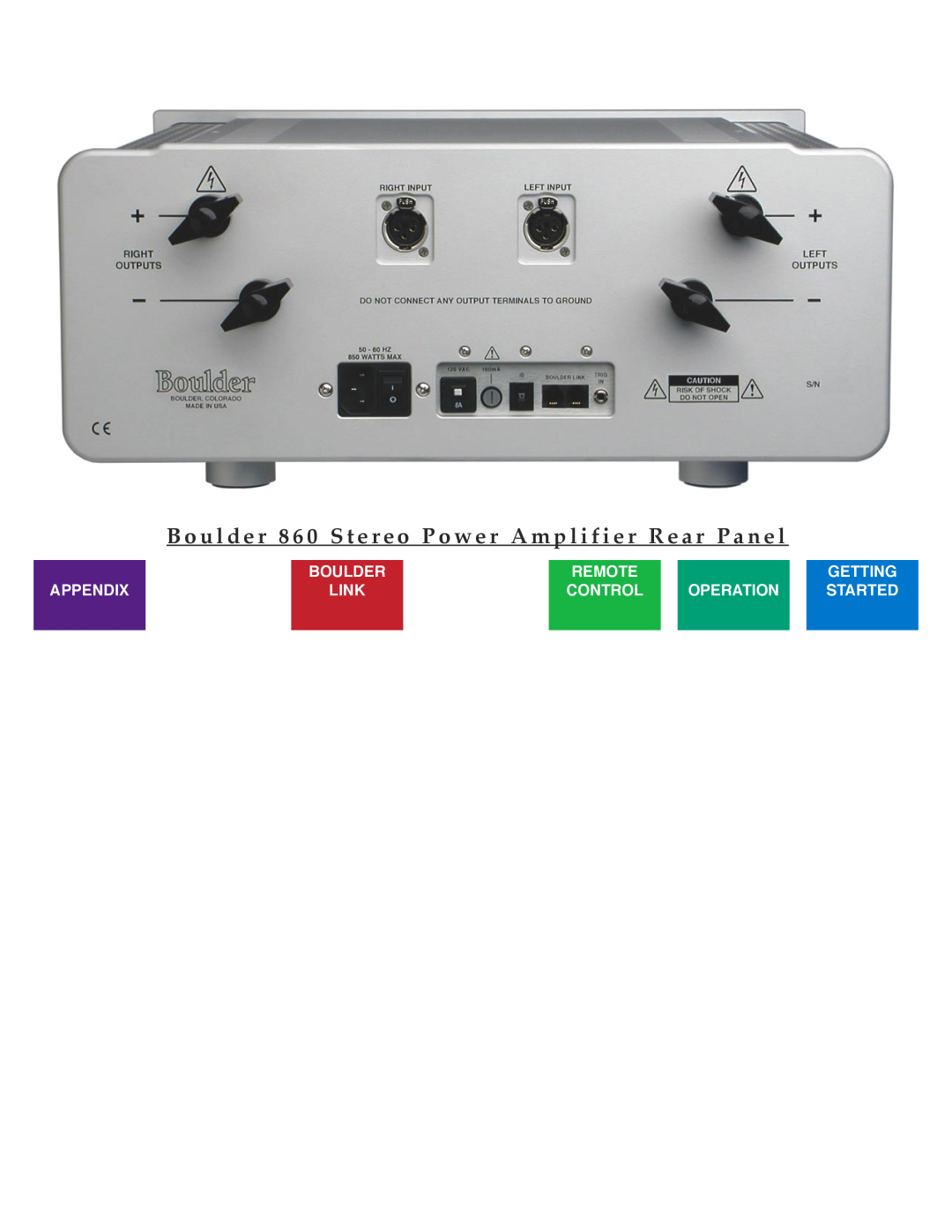 Boulder Amplifiers Boulder 860 Stereo Power Amplifier Rear Panel, Remote, Getting, Appendix, Link, Control, Operation 